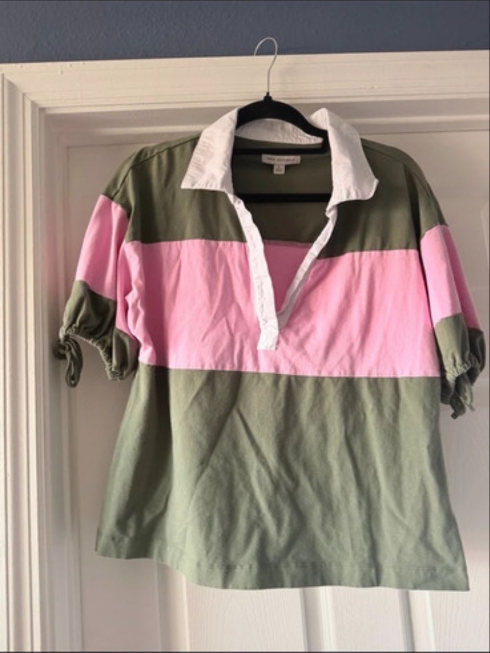 Olive Green & Pink Striped Short Sleeve Rugby Tee with White Collar